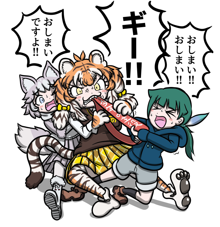 3girls, absurdres, anger_vein, animal_ears, animal_print, aomushi_taro, biting, black_hair