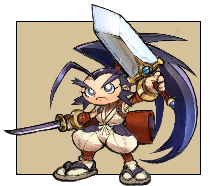 1boy, ahoge, blue_eyes, blue_hair, brave_fencer_musashiden, closed_mouth, dakusuta, dual_wielding, full_body, highres, holding, holding_sword, holding_weapon, huge_ahoge, huge_weapon, katana, long_hair, male_focus, musashi_(musashiden), ponytail, sandals, socks, solo, sword, weapon