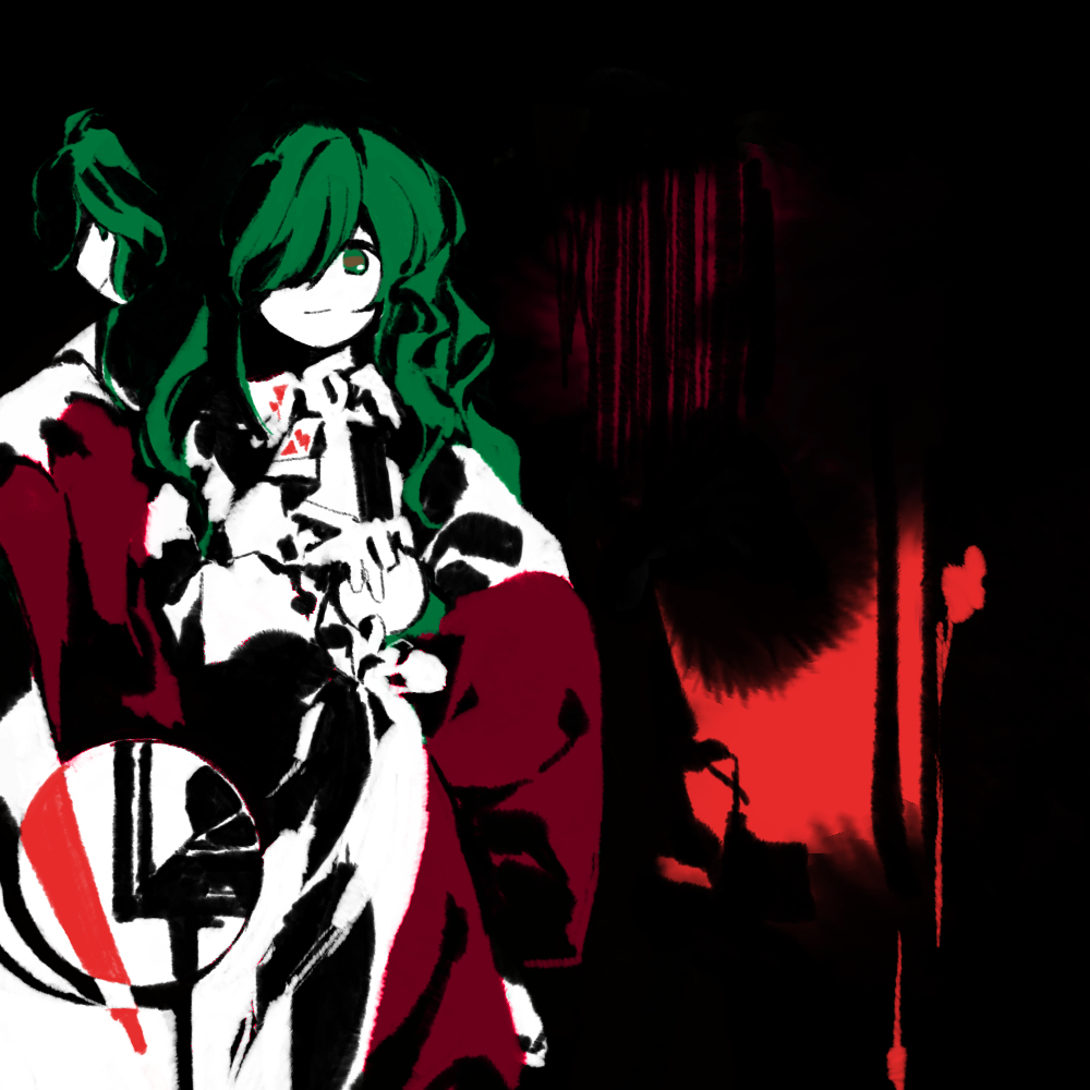 1girl, closed_mouth, colored_skin, commentary_request, green_eyes, green_hair, hair_over_one_eye, kaigen_1025