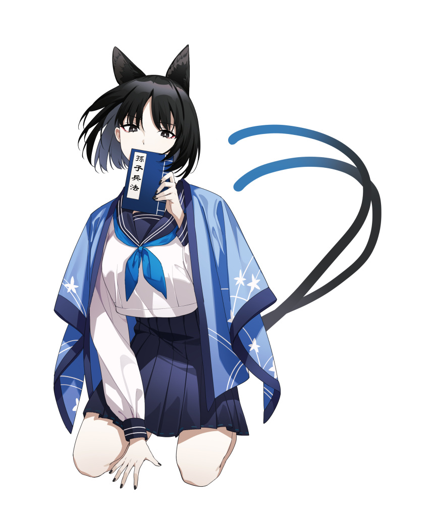 1girl, absurdres, animal_ears, black_eyes, black_hair, black_nails, black_sailor_collar, black_skirt
