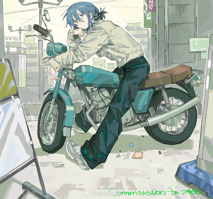 1girl, blue_hair, blue_pants, buttons, chinese_commentary, cigarette, cityscape, clenched_hand, closed_mouth, clouds, cloudy_sky, commentary_request, commission, cross-laced_footwear, denim, expressionless, fingernails, from_side, full_body, grey_eyes, grey_footwear, guigui_rongrong, hand_on_own_cheek, hand_on_own_face, highres, jacket, jeans, lamppost, leather, leather_jacket, long_sleeves, looking_at_viewer, low_ponytail, on_motorcycle, original, outdoors, pants, power_lines, shadow, shoes, short_hair, short_ponytail, sky, sneakers, solo, streetwear, white_jacket, white_sleeves