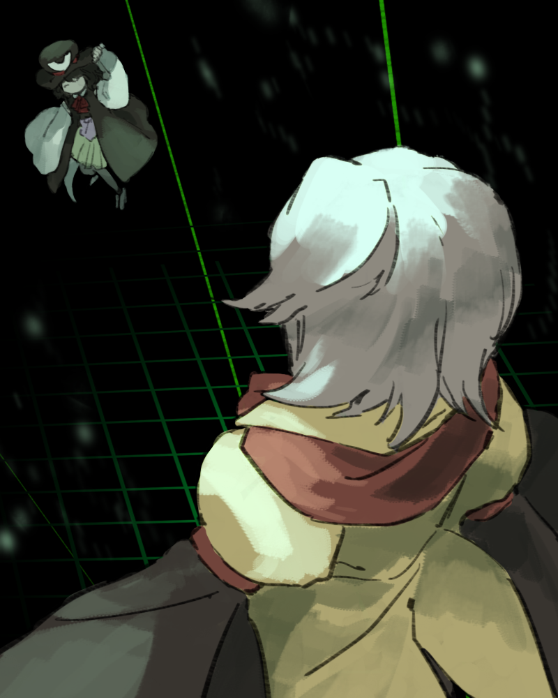 2others, androgynous, black_coat, black_hair, black_headwear, black_shirt, closed_eyes, coat