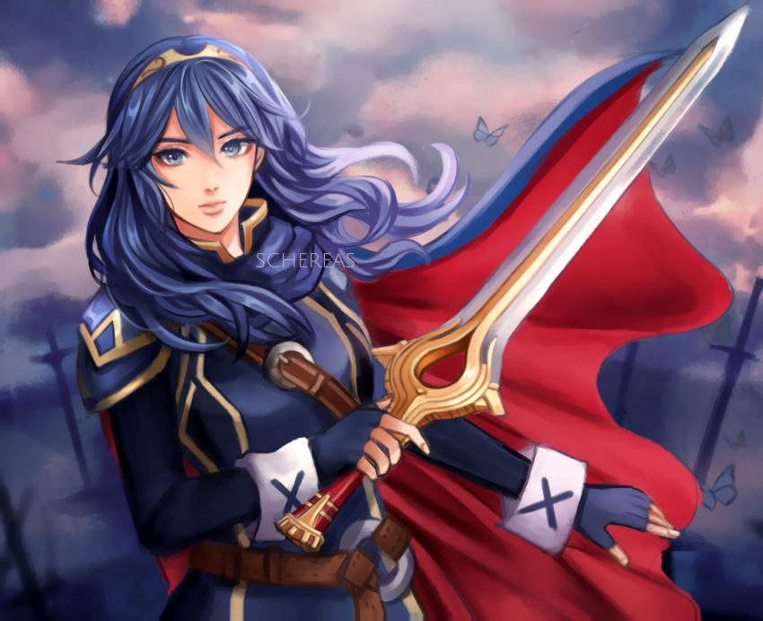 1girl, artist_name, blue_eyes, blue_gloves, blue_hair, bug, butterfly, cape, closed_mouth, expressionless, falchion_(fire_emblem), fingerless_gloves, fire_emblem, fire_emblem_awakening, gloves, hair_between_eyes, highres, holding, holding_sword, holding_weapon, long_hair, looking_at_viewer, lucina_(fire_emblem), planted, planted_sword, schereas, solo, sword, tiara, upper_body, weapon