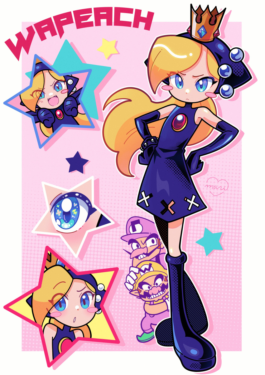 1girl, 2boys, absurdres, blonde_hair, blue_eyes, blush_stickers, character_name, crown