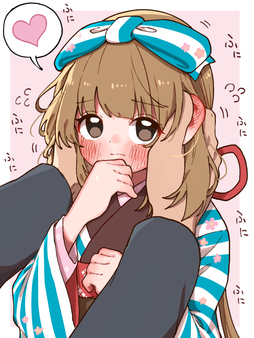 1girl, blush, bow, brown_eyes, brown_hair, closed_mouth, commentary_request, embarrassed