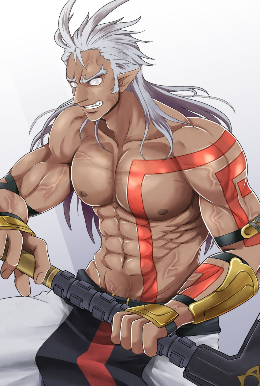 1boy, abs, anger_vein, dark-skinned_male, dark_skin, highres, holding, holding_sword