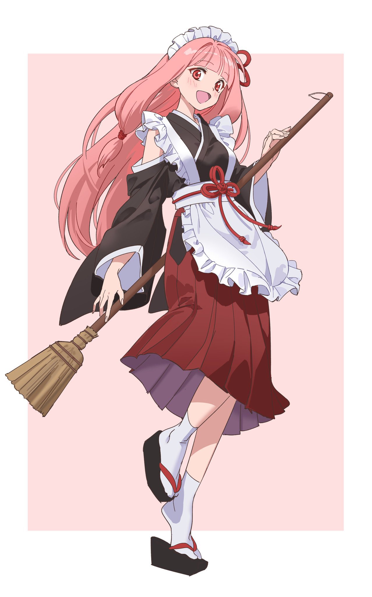 1girl, adapted_costume, apron, black_kimono, blunt_bangs, blush, border, broom
