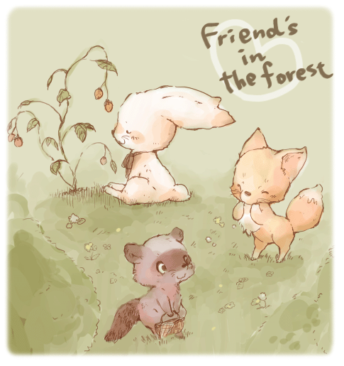 bunny, food, fox, friends, fruit, no_humans, rabbit, sono_(runanikke), strawberry, tanuki