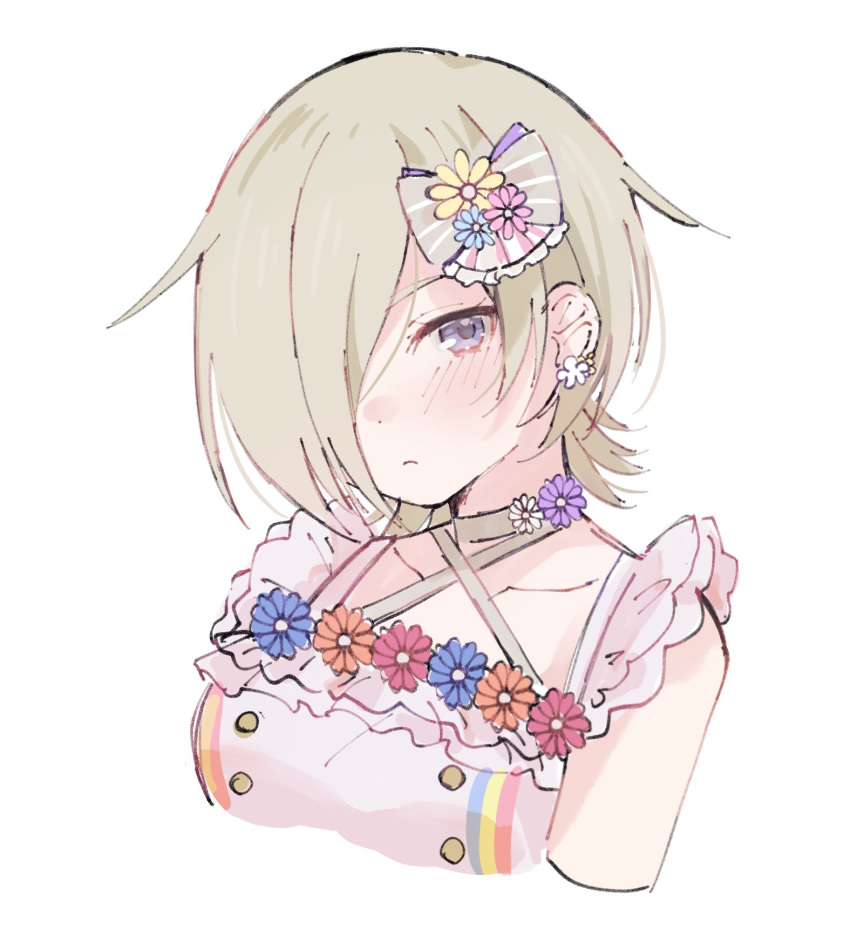 1girl, blonde_hair, blush, closed_mouth, collarbone, cropped_torso, earrings, hair_over_one_eye