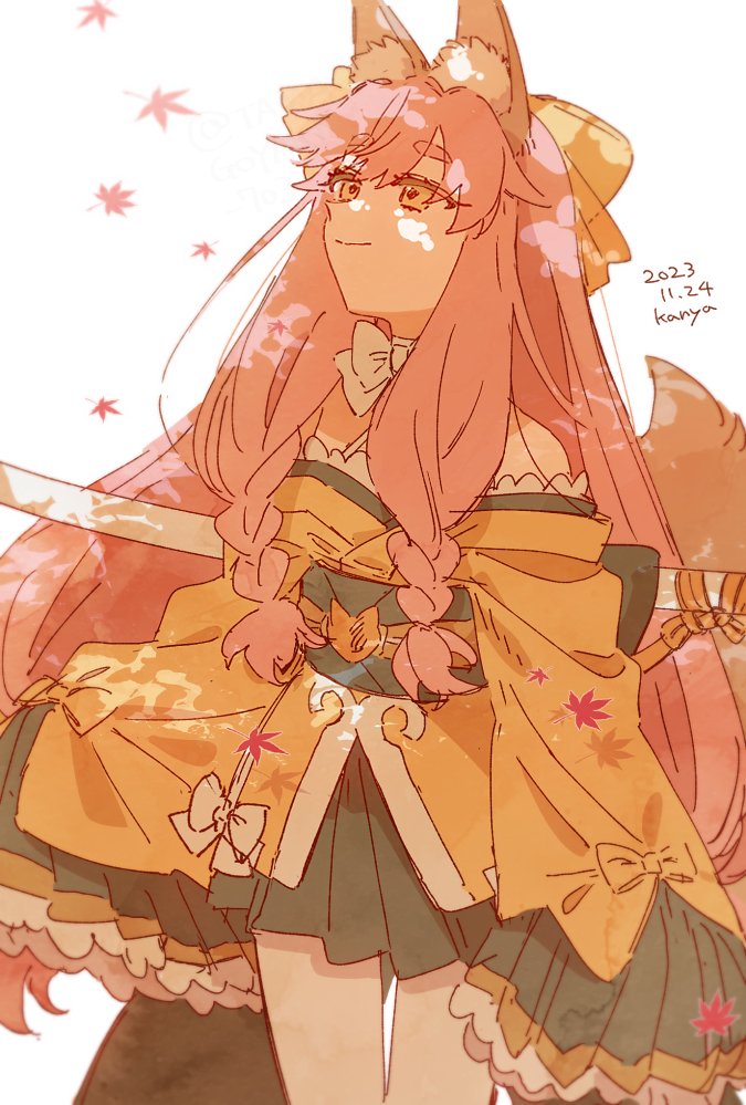 1girl, animal_ear_fluff, animal_ears, bare_shoulders, bow, braided_sidelock, cowboy_shot, fate/samurai_remnant