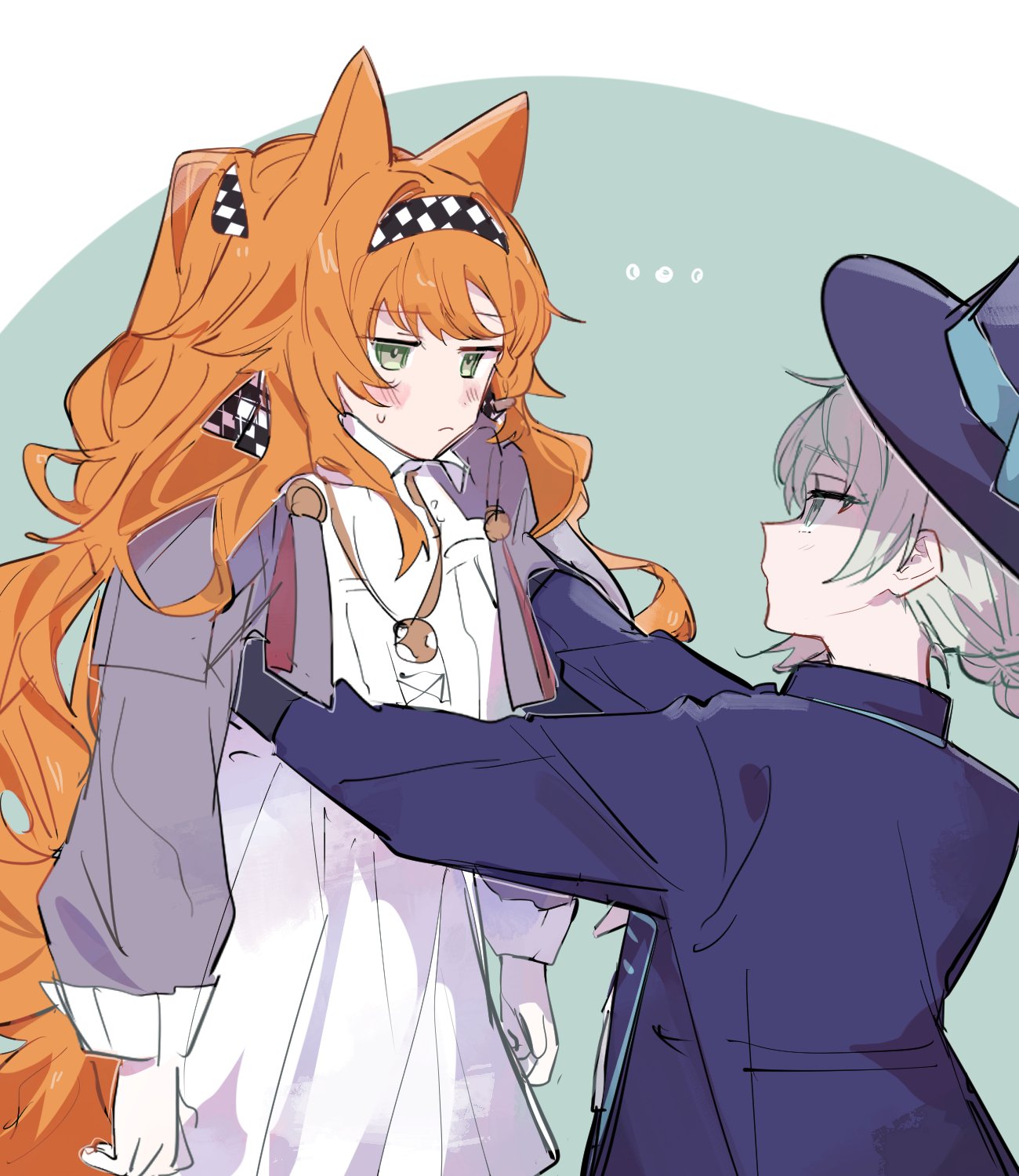 ..., blue_headwear, blue_jacket, blush_stickers, braid, character_request, closed_mouth, commentary