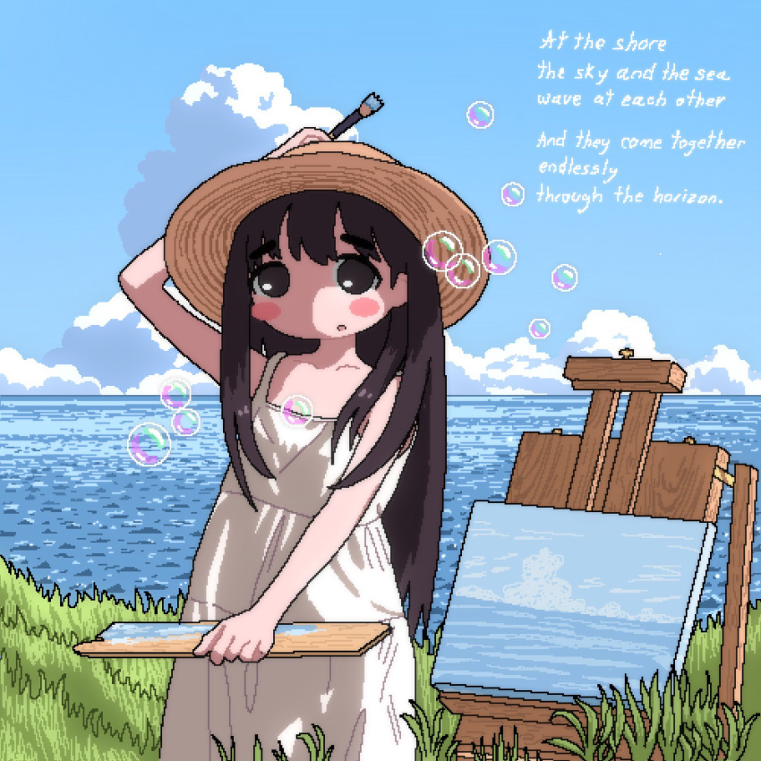 1girl, arm_up, art_brush, blush_stickers, brown_eyes, brown_hair, bubble, camisole