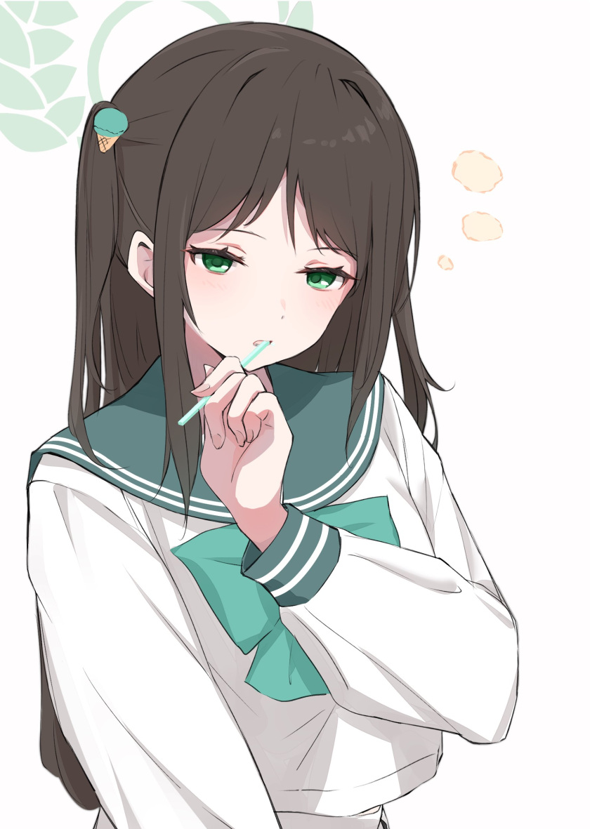 1girl, absurdres, airi_(blue_archive), black_hair, blue_archive, bow, eating, exiadoon