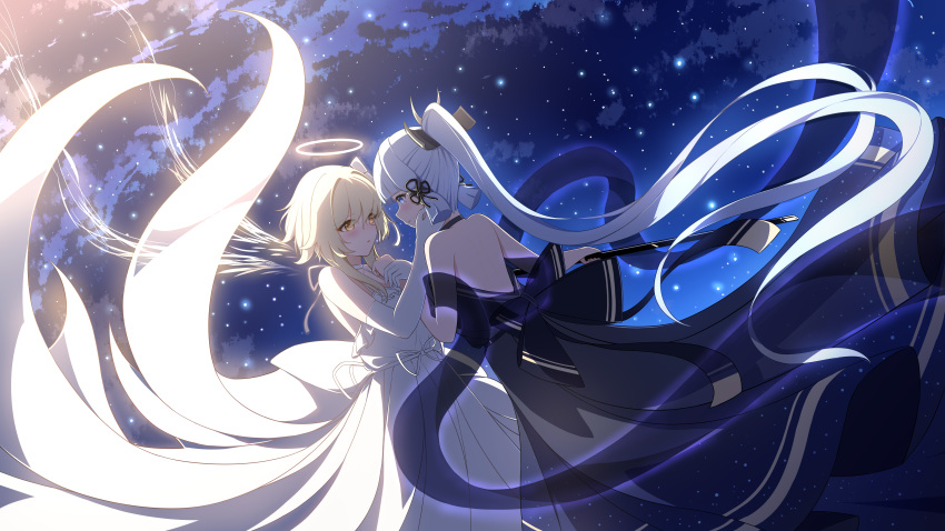 2girls, absurdres, blonde_hair, blue_eyes, blunt_bangs, blunt_tresses, blush, closed_mouth