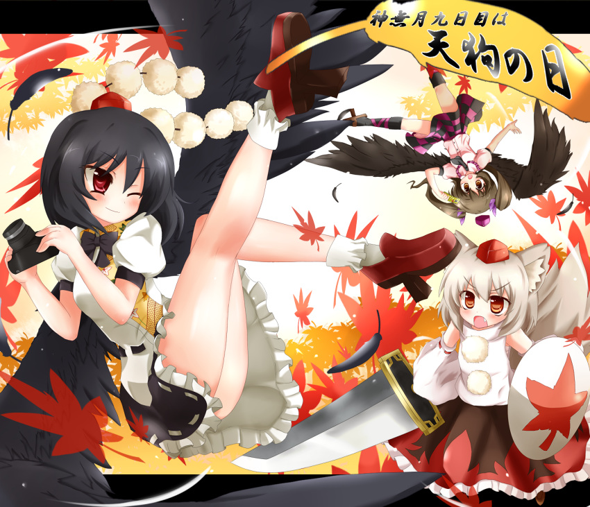 camera, cellphone, fang, geta, hat, highres, himekaidou_hatate, inubashiri_momiji