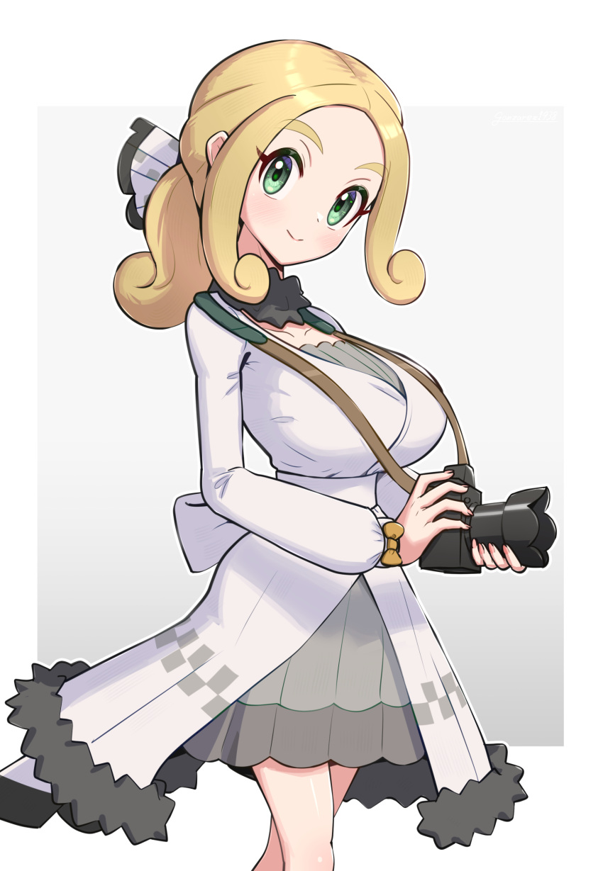 1girl, absurdres, blonde_hair, breasts, camera, camera_around_neck, closed_mouth, coat