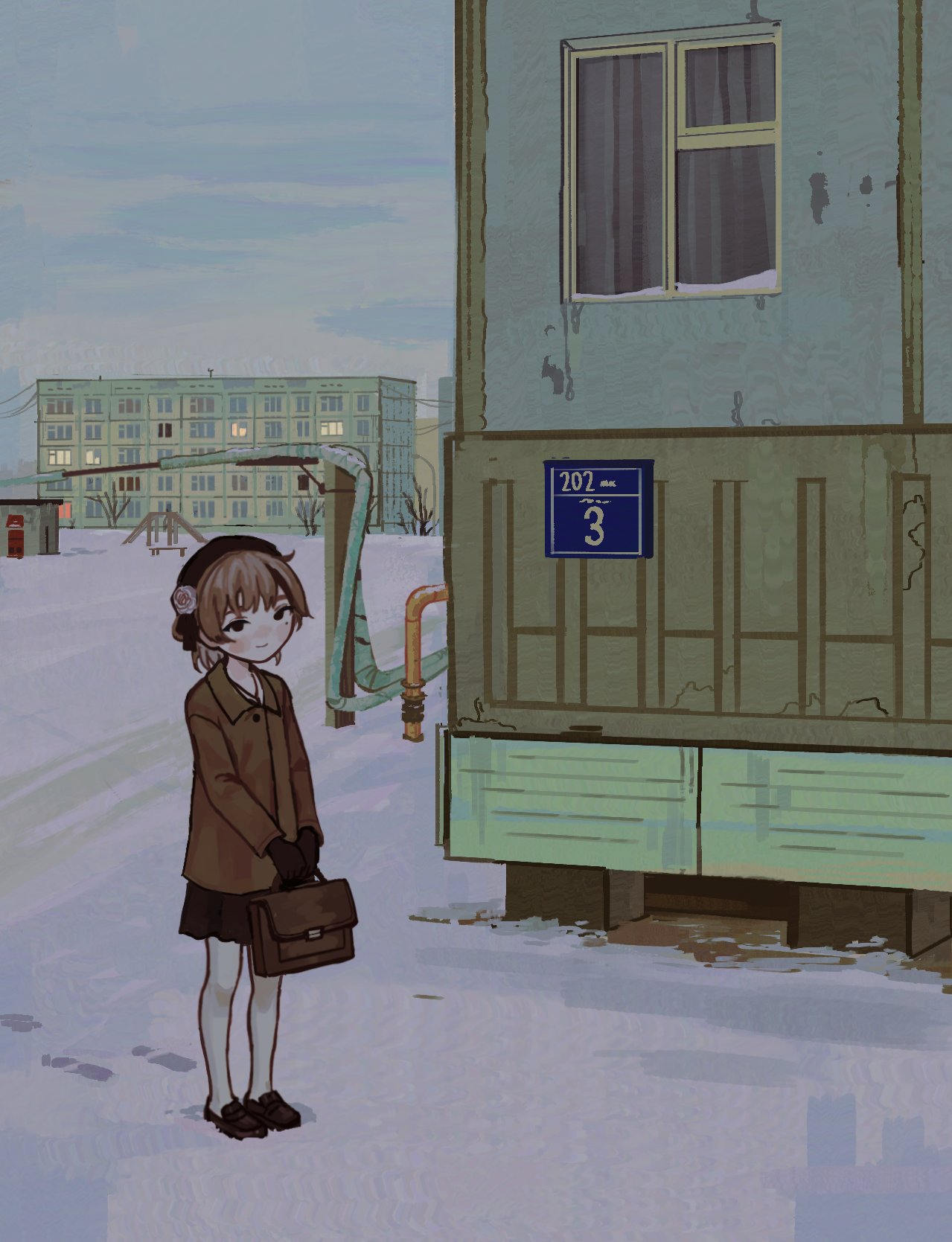 1girl, apartment, bag, bare_tree, bench, beret, black_eyes, black_footwear