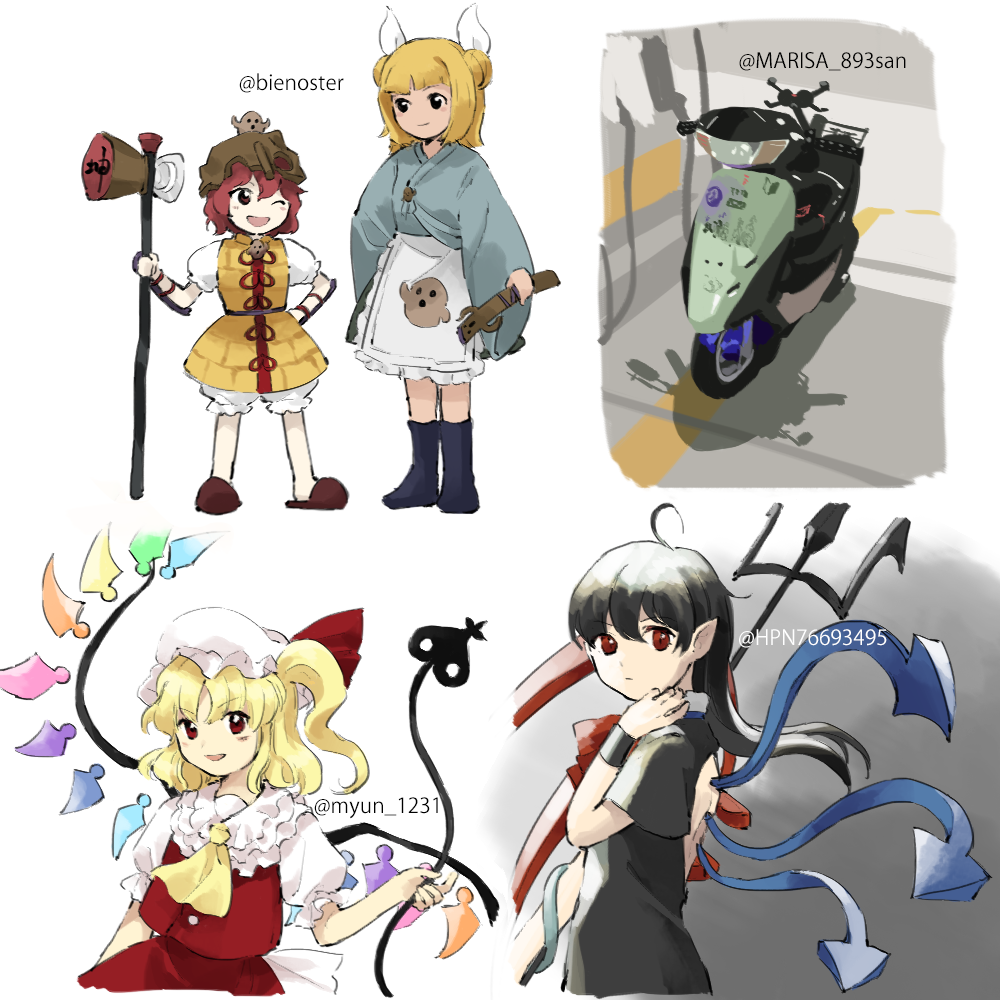 1other, 3girls, ahoge, apron, black_dress, black_eyes, black_hair, blonde_hair