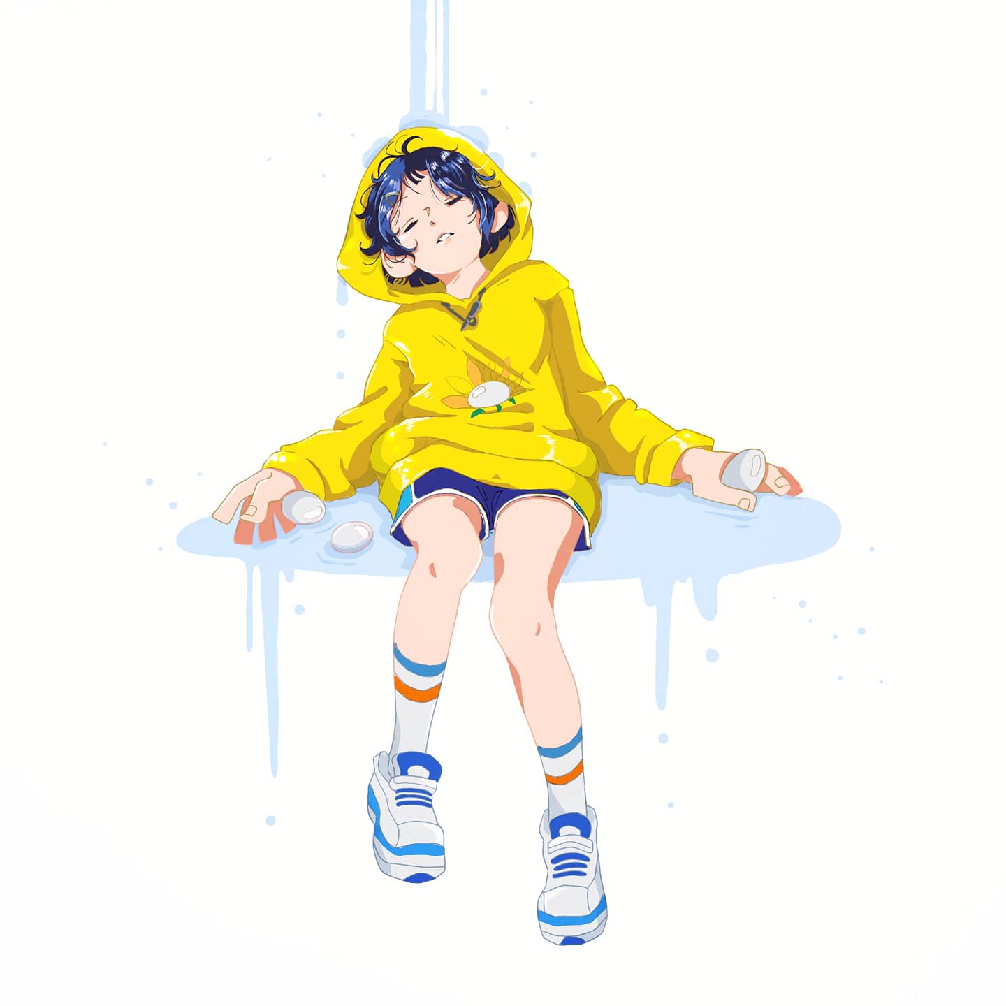 1girl, blue_shorts, charline_lemoal, closed_eyes, commentary, egg, english_commentary, full_body, highres, hood, hooded_sweater, hoodie, ooto_ai, shoes, short_hair, short_shorts, shorts, sitting, sleeves_past_wrists, sneakers, socks, solo, sweater, water, wonder_egg_priority, yellow_hoodie, yellow_sweater