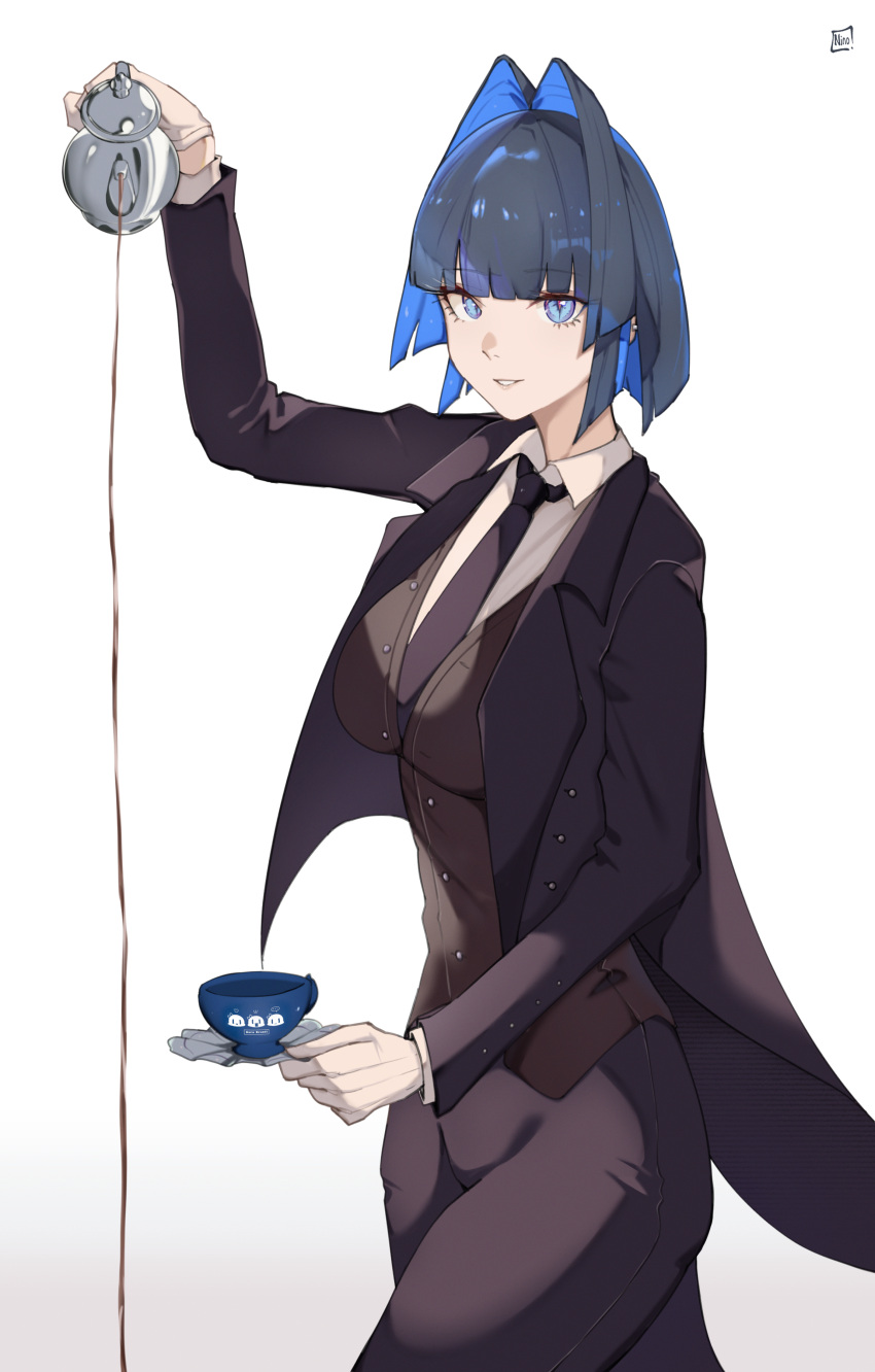 1girl, absurdres, alternate_costume, black_hair, black_jacket, black_pants, black_vest, blue_eyes