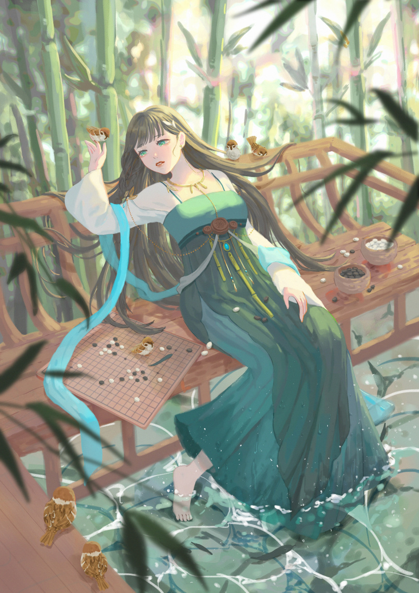 1girl, absurdres, bamboo, barefoot, bench, bird, black_hair, board_game