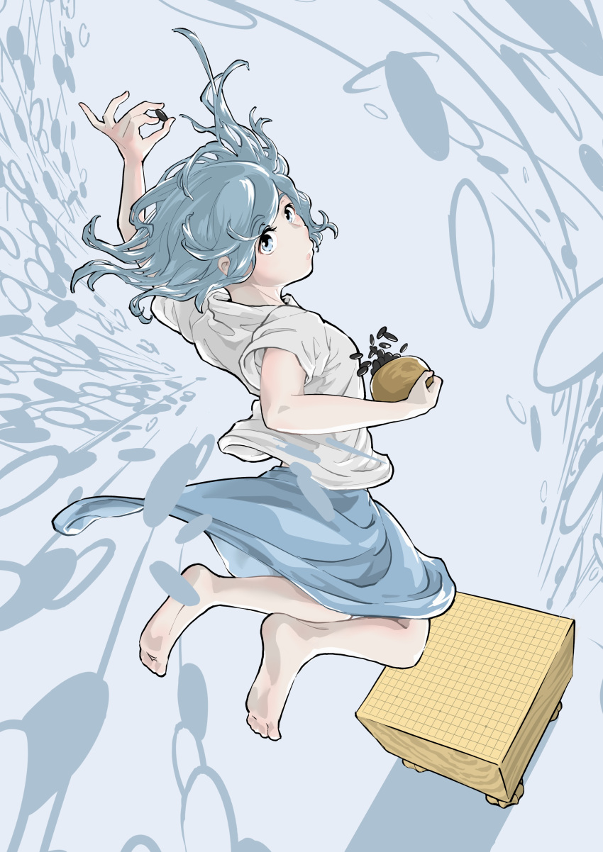 1girl, absurdres, barefoot, blue_background, blue_eyes, blue_hair, blue_skirt, board_game, floating_hair, go_(board_game), highres, holding, ishinoshita_shou, looking_at_viewer, original, shirt, short_sleeves, skirt, solo, white_shirt, wide_shot