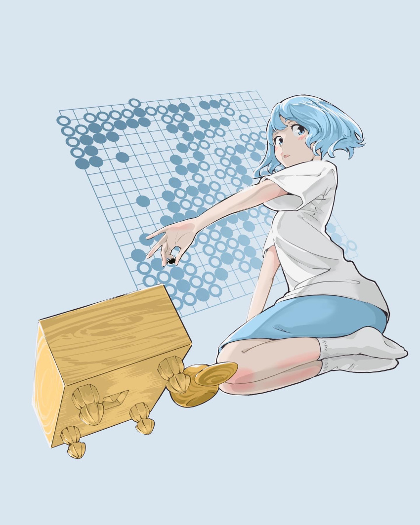 1girl, blue_background, blue_eyes, blue_hair, blue_skirt, blush, board_game, go_(board_game), highres, holding, ishinoshita_shou, medium_hair, original, parted_lips, shirt, short_sleeves, skirt, socks, solo, table, white_shirt, white_socks, wide_shot
