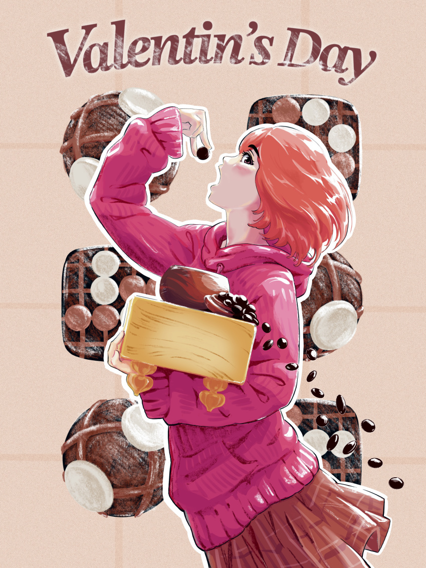 1girl, absurdres, blush, board_game, brown_eyes, brown_skirt, chocolate, cowboy_shot