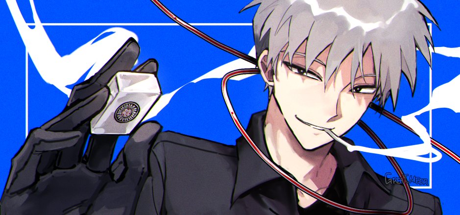 1boy, akagi:_yami_ni_oritatta_tensai, akagi_shigeru, black_eyes, black_gloves, black_shirt, blue_background, cigarette