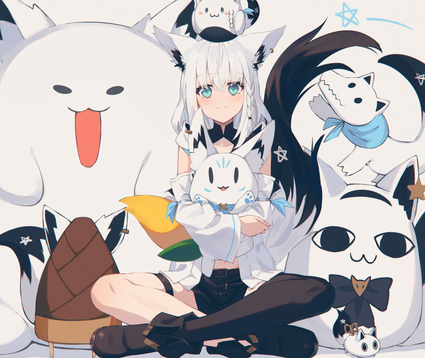 1girl, ahoge, animal_ear_fluff, animal_ears, bamboo_shoot, black_footwear, black_ribbon, black_shorts