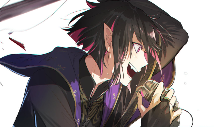 1boy, bishounen, black_bridal_gauntlets, bridal_garter, eyelashes, fang, from_side, highres