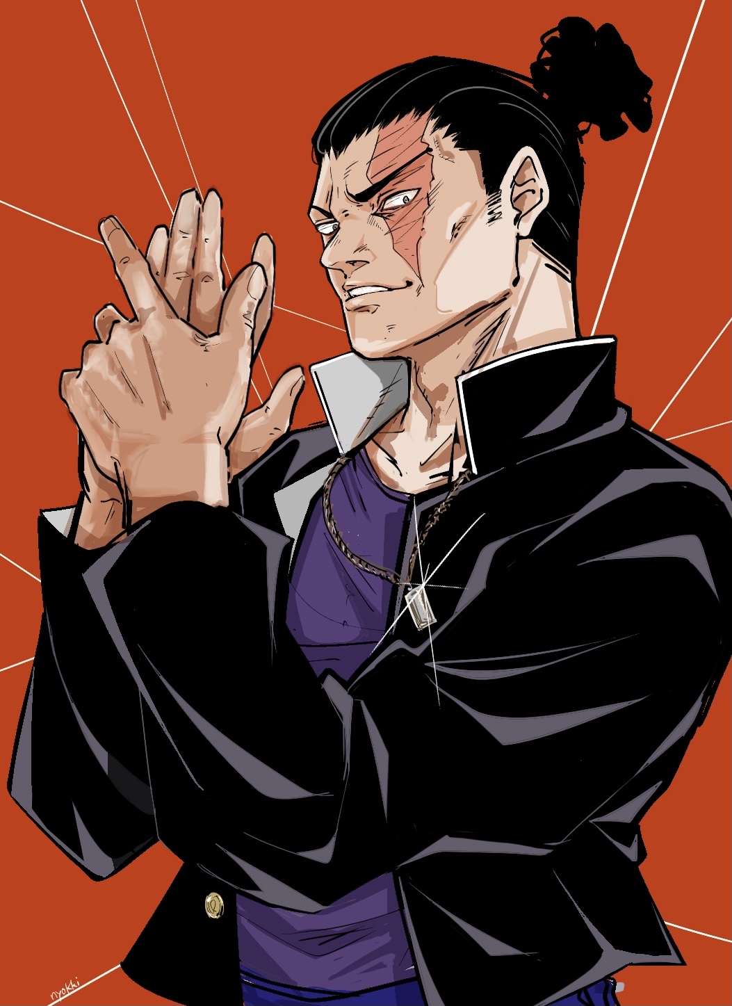 1boy, black_hair, clapping, gakuran, glint, hands_up, highres, index_finger_raised