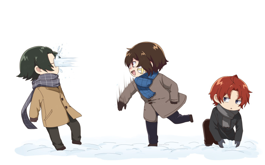 3boys, :o, absurdres, blue_scarf, brown_coat, brown_hair, bungou_stray_dogs, coat