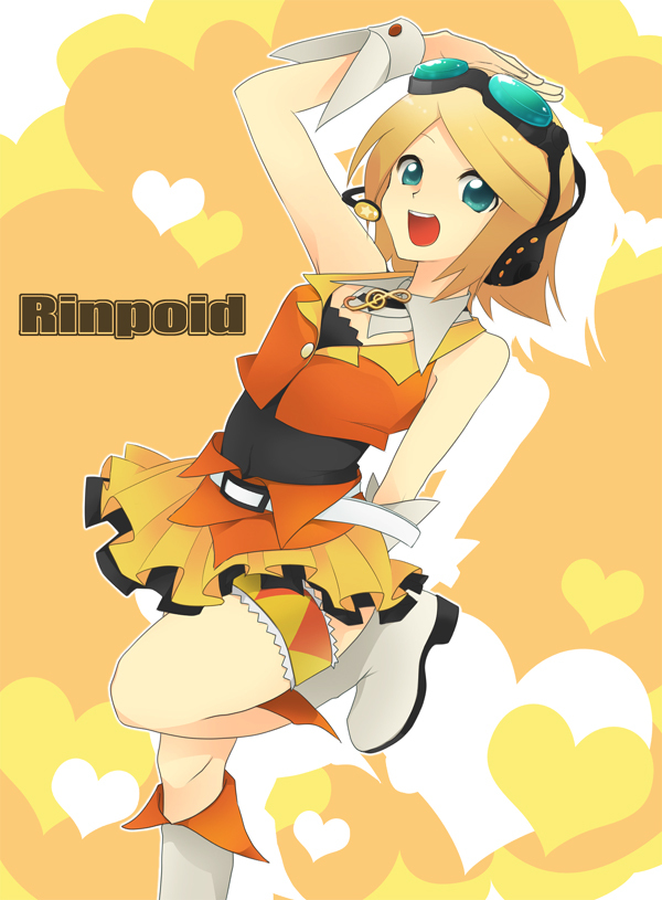 blonde_hair, boots, cosplay, garters, goggles, goggles_on_head, gumi, gumi_(cosplay), headphones, headset, hero_(pixiv), kagamine_rin, short_hair, skirt, smile, solo, vocaloid, wrist_cuffs