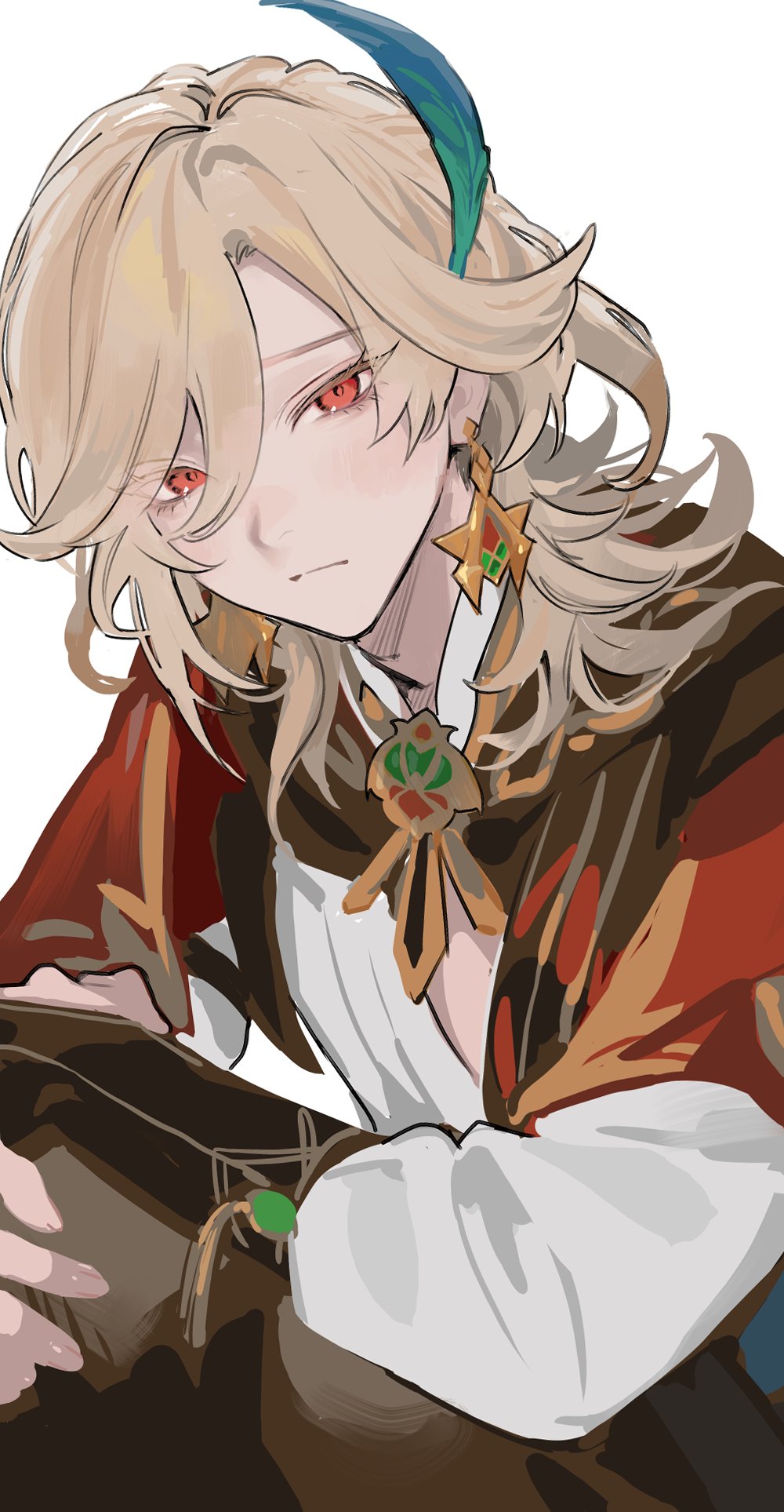 1boy, black_pants, blonde_hair, brown_hair, closed_mouth, earrings, feather_hair_ornament, feathers