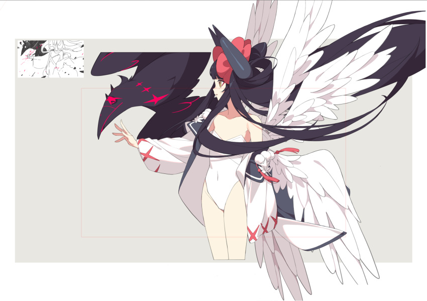 +_+, absurdres, angel, angel_wings, bare_shoulders, black_hair, diein_(djmax), djmax, dress, flower, hair_flower, hair_ornament, highres, horns, long_hair, mamo_c, multiple_wings, non-web_source, solo, very_long_hair, white_dress, white_wings, wide_sleeves, wings