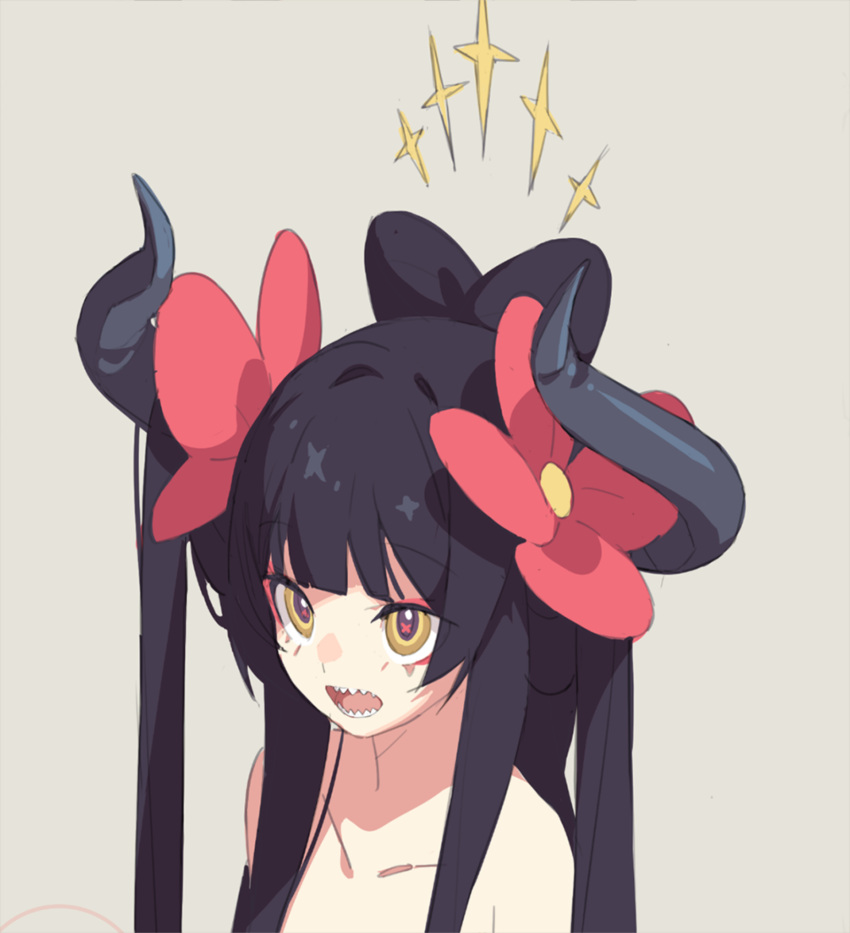 +_+, bare_shoulders, black_hair, blunt_bangs, diein_(djmax), djmax, flower, hair_flower, hair_ornament, halo, highres, horns, long_hair, mamo_c, non-web_source, open_mouth, sharp_teeth, solo, sparkle, teeth