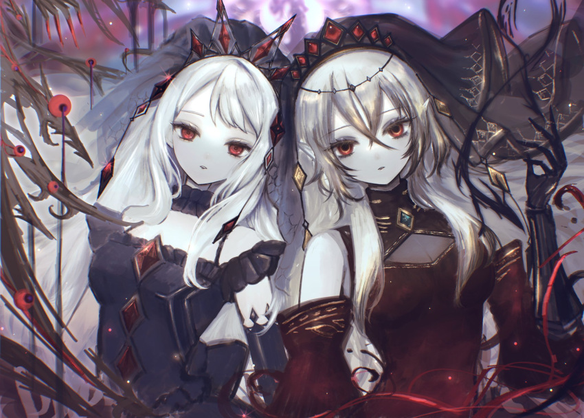2girls, bare_shoulders, black_dress, blazing_cartesia_the_virtuous, detached_sleeves, dress, dual_persona, duel_monster