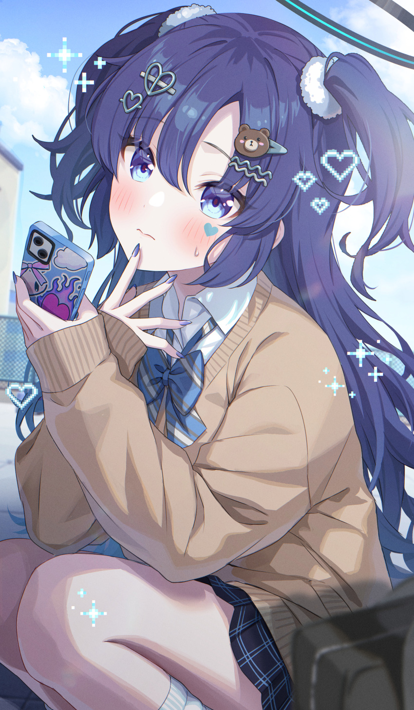 1girl, absurdres, alternate_costume, ascot, bag, black_skirt, blue_archive, blue_eyes