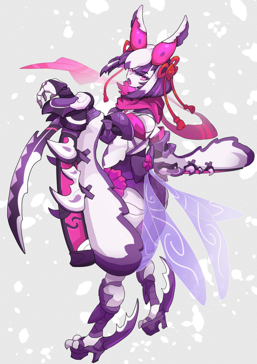 1girl, arthropod_girl, arthropod_limbs, bob_cut, colored_skin, commentary, extra_eyes, fewer_digits, flower_knot, from_side, full_body, grey_background, hair_ornament, highres, insect_wings, japanese_clothes, joints, kimono, looking_at_viewer, mantis_girl, mix_(candlmix), monster_girl, multicolored_hair, open_mouth, original, pink_eyes, pink_scarf, purple_footwear, purple_hair, sandals, scarf, scythe, short_hair, simple_background, solo, standing, tassel, tassel_hair_ornament, transparent_wings, two-tone_hair, unsheathed, white_hair, white_kimono, white_skin, wings