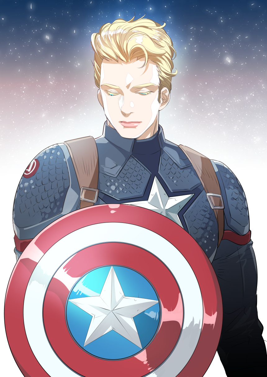 1boy, animification, blonde_hair, blue_bodysuit, bodysuit, captain_america, captain_america_(series), closed_eyes