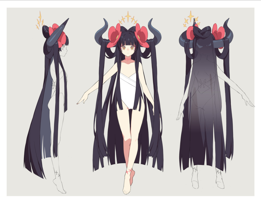 +_+, 1girl, absurdres, bare_shoulders, barefoot, black_hair, closed_mouth, diein_(djmax), djmax, flower, hair_flower, hair_ornament, halo, highres, horns, long_hair, mamo_c, non-web_source, solo, standing, very_long_hair
