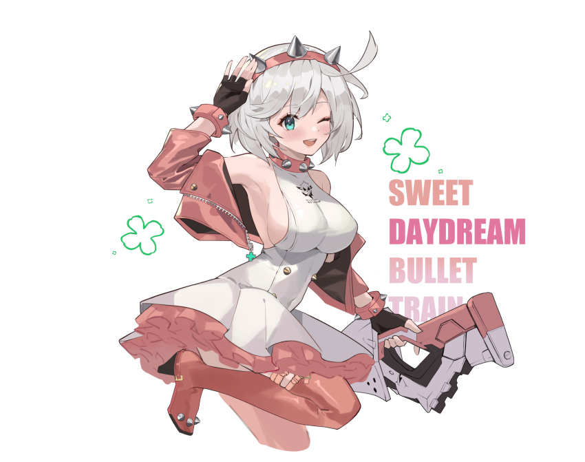 1girl, ahoge, aqua_eyes, black_gloves, blush, boots, bracelet, breasts