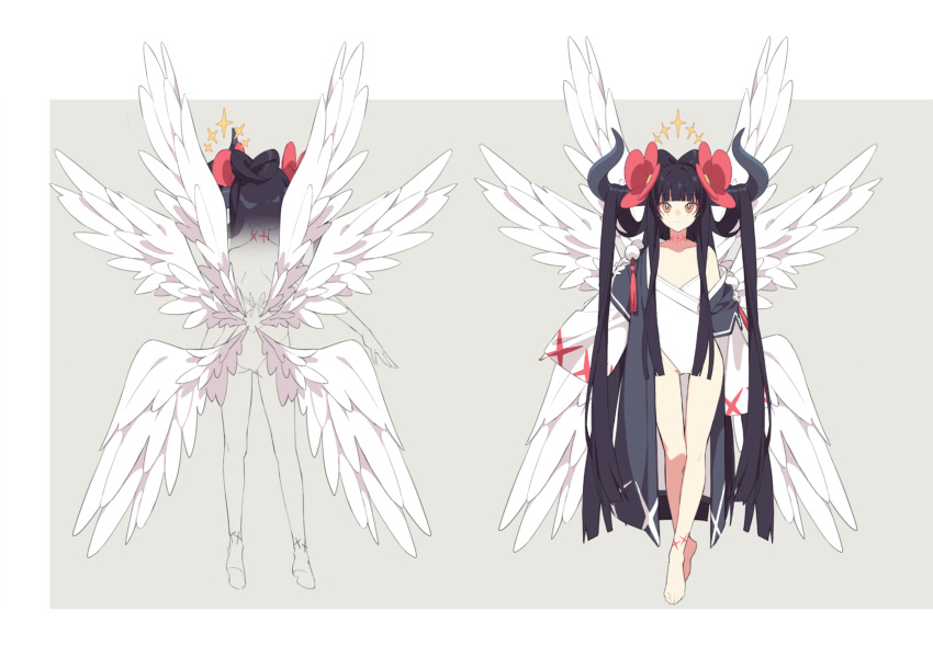 +_+, 1girl, absurdres, angel, angel_wings, bare_shoulders, barefoot, black_hair