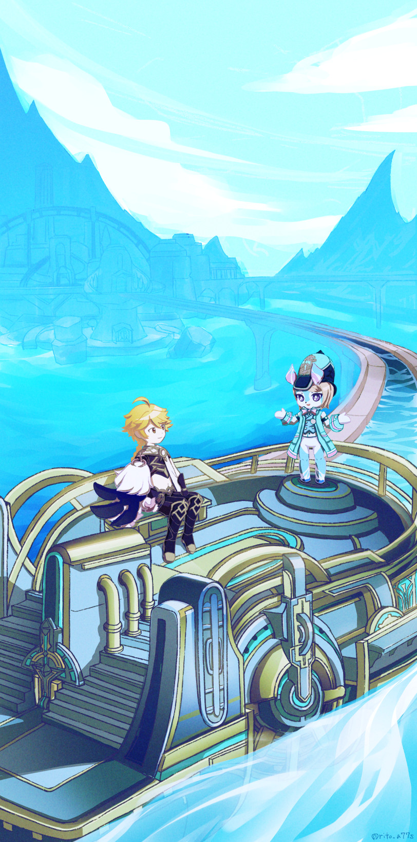 1boy, 2girls, aether_(genshin_impact), aeval_(genshin_impact), ahoge, aqua_coat, arched_bangs, black_scarf