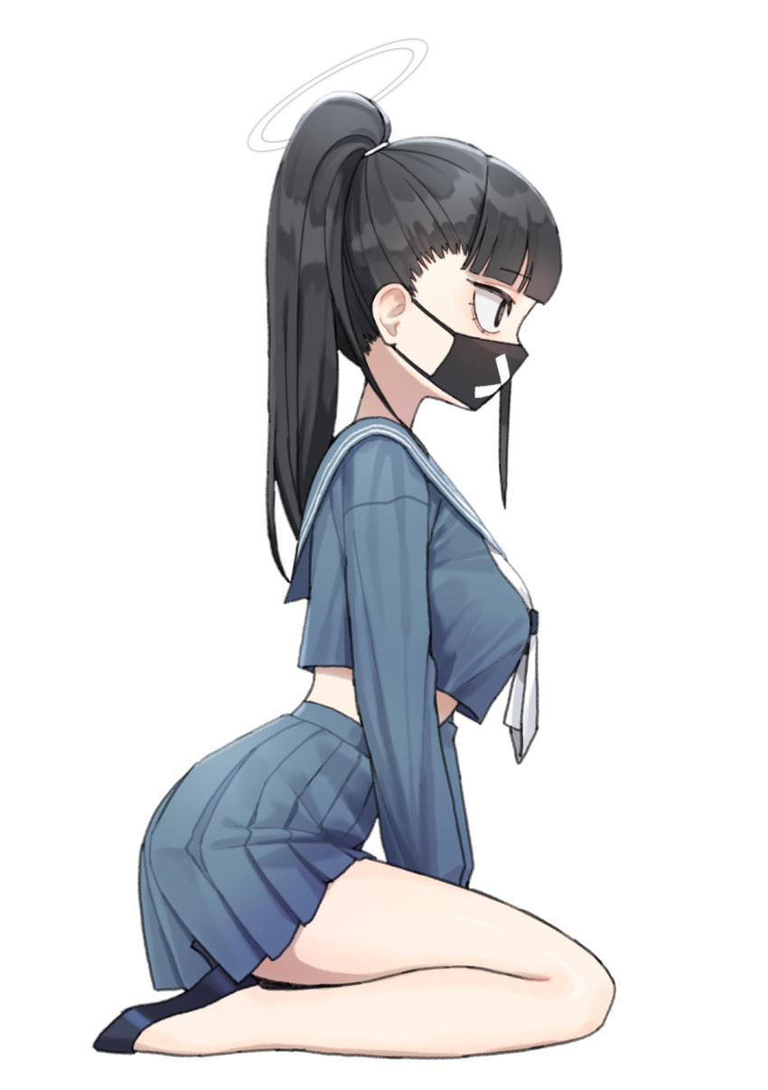 1girl, 28_(282teeth), black_eyes, black_footwear, black_hair, black_mask, blue_archive, blue_sailor_collar, blue_serafuku, blue_skirt, breasts, from_side, full_body, halo, high_heels, highres, long_hair, looking_ahead, mask, medium_breasts, mouth_mask, neckerchief, pleated_skirt, ponytail, profile, sailor_collar, school_uniform, seiza, serafuku, simple_background, sitting, skirt, solo, sukeban_(smg)_(blue_archive), surgical_mask, white_background, white_neckerchief