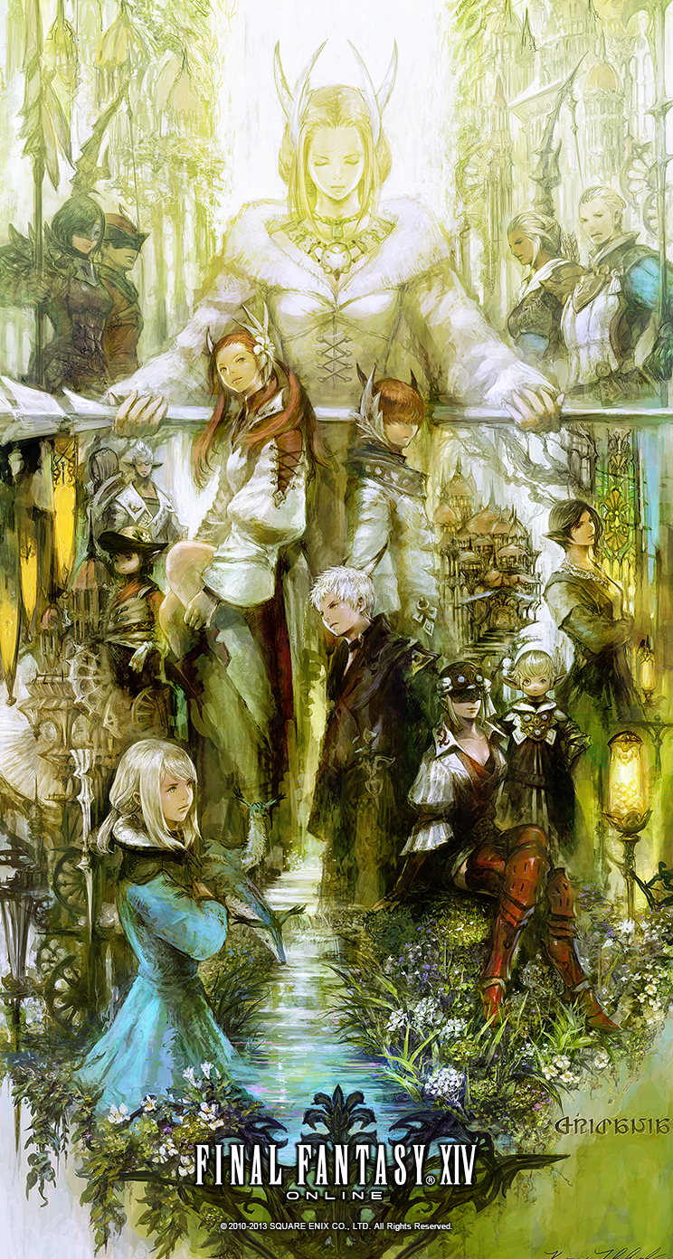 6+boys, 6+girls, a-ruhn-senna, arm_support, black_coat, black_hair, blindfold, blonde_hair, blue_dress, brown_eyes, building, character_request, closed_eyes, coat, copyright_name, copyright_notice, covered_eyes, crossed_legs, dress, e-sumi-yan, elezen, elf, everyone, facing_viewer, final_fantasy, final_fantasy_xiv, flower, fur-trimmed_robe, fur_trim, grass, green_eyes, gridania, hair_over_eyes, highres, holding, holding_staff, horns, hyur, jacket, jewelry, kan-e-senna, lalafell, lamp, long_sleeves, lyse_hext, mother_miounne, multiple_boys, multiple_girls, necklace, official_art, outdoors, padjal, papalymo_totolymo, pointy_ears, puffy_long_sleeves, puffy_sleeves, raya-o-senna, robe, short_hair, sitting, staff, standing, stream, sylphie_webb, takahashi_kazuya, third-party_source, twintails, water, white_hair, white_jacket, white_robe