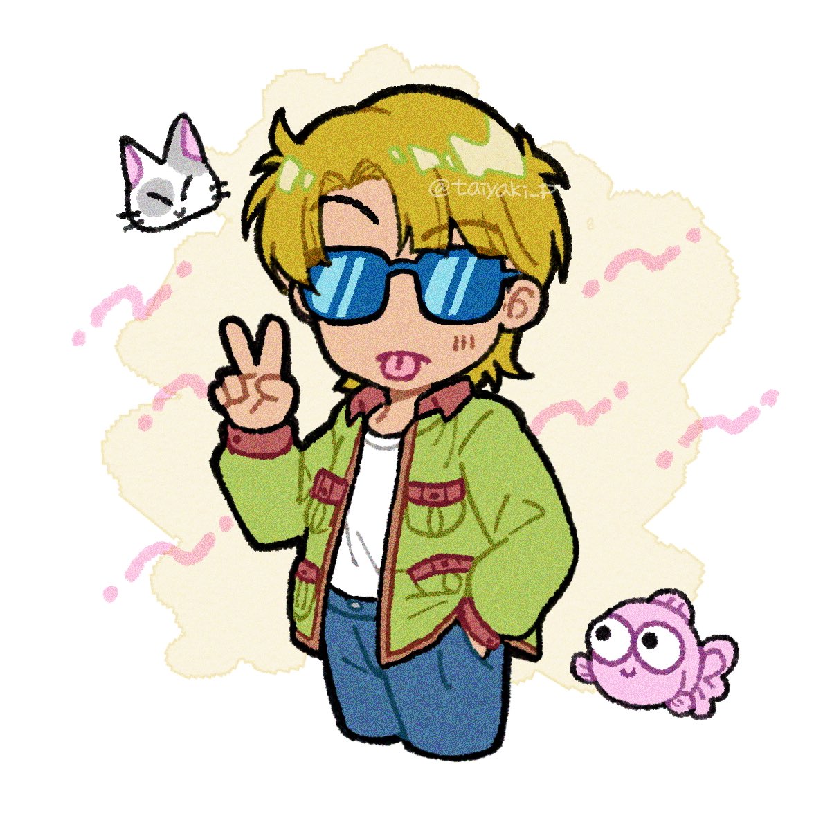 1boy, aoi_(kingyo_chuuihou!), blue_pants, brown_hair, cat, doradorakingyo, fish, green_jacket
