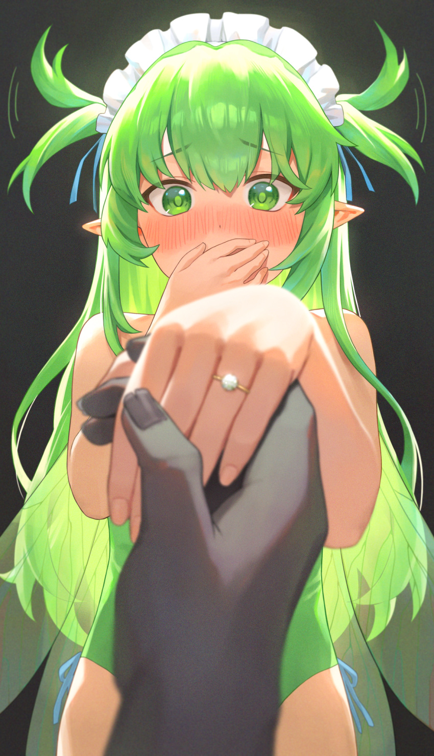 1boy, 1girl, black_background, black_souls, blush, colored_skin, cowboy_shot, fairy