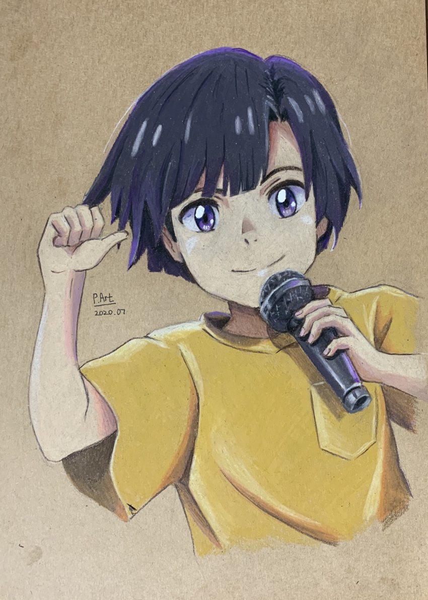1boy, absurdres, amano_nagi, artist_name, black_hair, closed_mouth, colored_pencil_(medium), commentary_request